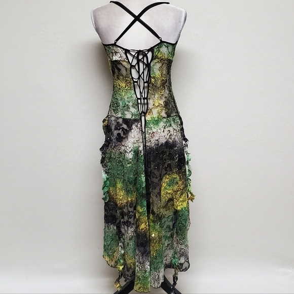 80s Rare Vintage Surprise Parties Green Tie-Dye Sheer Lace Lace-up Bustle Dress - Picture 14 of 16